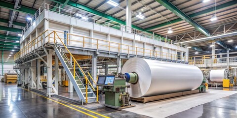 A large paper machine in a busy production area, paper, machine, production, industry, factory, manufacturing, equipment