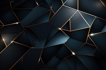 Abstract dark blue geometric background with gold lines.