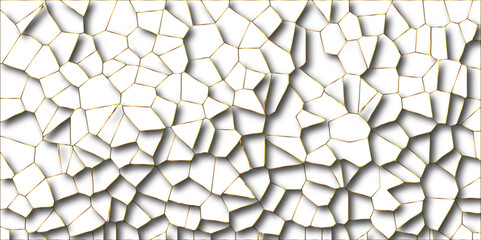 Poster - Abstract white paper cut shadows background realistic crumpled decoration textured with multi layers.Broken tiles mosaic seamless pattern.white gravel with golden line wallpaper. vector illustration.	