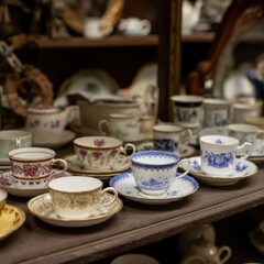 Wall Mural - High-angle view of a collection of antique , porcelain teacups and saucers in a dusty antique shop , fujifilm x100f, f8, 1125s , iso 200