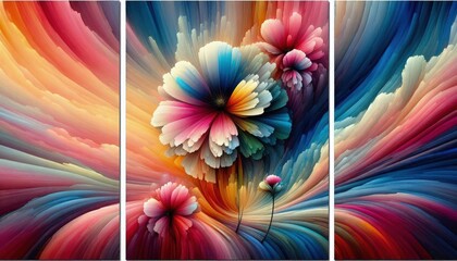 Wall Mural - HD modern triptych art of explosive flower color gradients, smooth transitions between vibrant colors, abstract and modern, digital painting, Three set