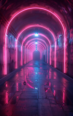 A neon tunnel with pink lights. The tunnel is long and narrow