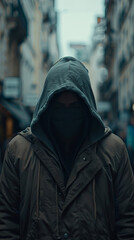 a man wearing a hooded sweatshirt and a bandana on his face stands in a city street