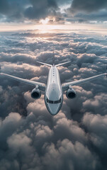 A white airplane is flying through a cloudy sky. The clouds are white and fluffy, and the sun is shining through them, creating a beautiful and serene atmosphere