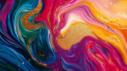 Wall Mural - A mesmerizing abstract background with vibrant swirling colors of blue, green, pink, purple, and orange, accented with a golden glitter texture.