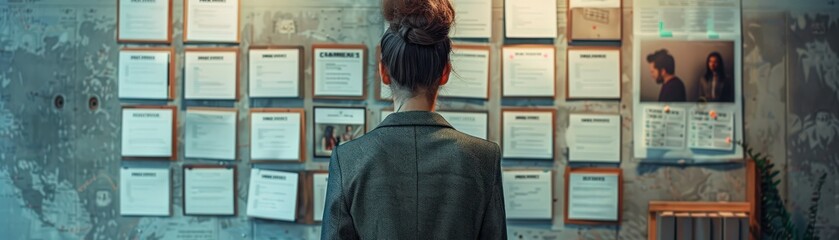 Canvas Print - Businesswoman Analyzing Job Applications on Bulletin Board in Modern Office Setting