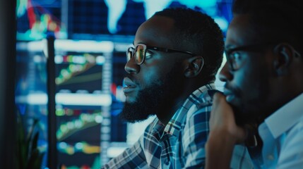 Poster - Two analysts engage in deep discussion, analyzing dynamic financial graphs illuminated by vibrant screens in a high-tech workspace
