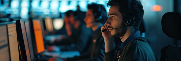 Busy customer service call center with multiple employees handling calls