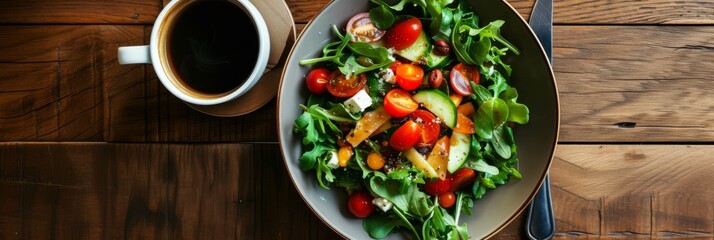 Vibrant vegetable salad served alongside a cup of coffee