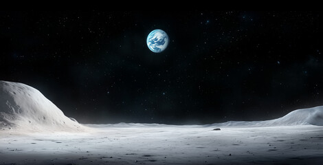 Wall Mural - moon's surface with earth in the starry sky, with copy space