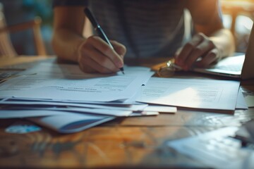 Canvas Print - Person Writing on Documents at a Wooden Table with Sunlight Streaming Through a Window