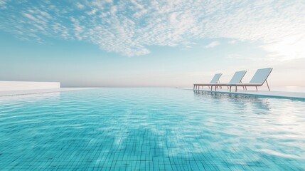 Wall Mural - A serene scene of an infinity pool with clear blue water, bordered by lounge chairs and a cloudless sky, symbolizing relaxation, luxury, escape, and rejuvenation.