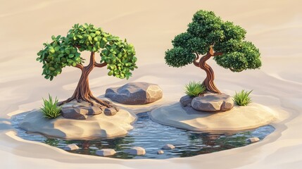 Wall Mural - Two beautifully styled bonsai trees in a tranquil setting, surrounded by raked sand, streams, and rocks, ideal for a nature-themed cartoon image.