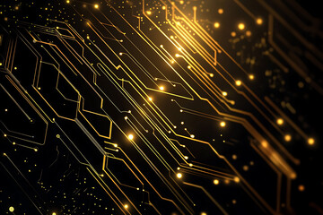 Wall Mural - A modern abstract design featuring gold lines and dots representing network science and technology on a high-tech dark background. Ideal for templates, web design, and presentations