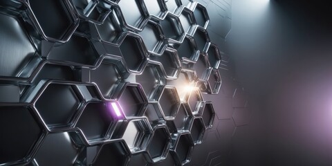 A detailed macro view of a hexagonal metallic pattern with a futuristic glowing light effect in the background.