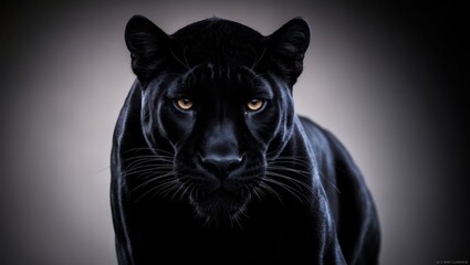 A fierce black panther staring directly at the viewer in dim lighting, showcasing its piercing eyes and sleek fur.