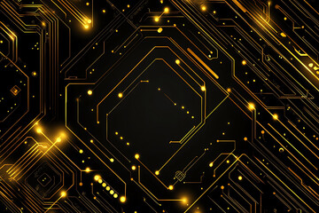 A modern abstract design featuring gold lines and dots representing network science and technology on a high-tech dark background. Ideal for templates, web design, and presentations