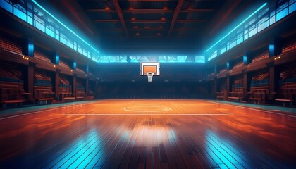 basketball nobody game indoor neon empty background interior arena black hall corridor. Generative AI.