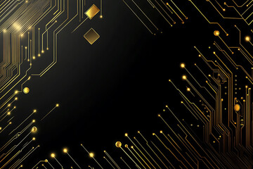 A modern abstract design featuring gold lines and dots representing network science and technology on a high-tech dark background. Ideal for templates, web design, and presentations