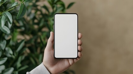 A person holding a modern smartphone with a blank screen, surrounded by greenery, perfect for technology and lifestyle themes.