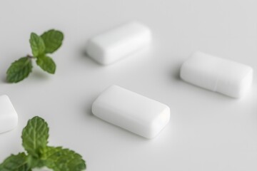  chewing gum pieces with fresh mint leaves