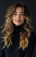 Wall Mural - A woman with long brown hair is smiling at the camera. She is wearing a black sweater and has her hair pulled back