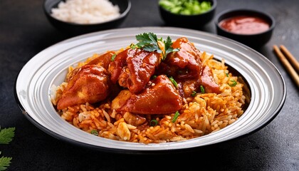 Wall Mural - chicken asian rice indian dark traditional sauce garnish hot background masala. Generative AI.