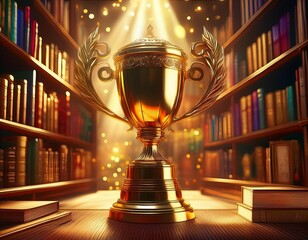 champion prize award competition celebration gold bokeh library cup trophy. generative ai.