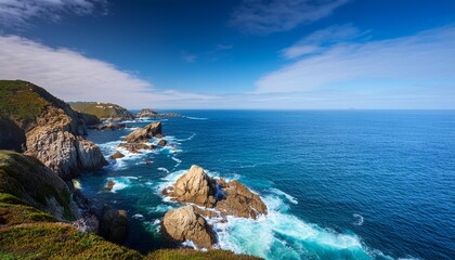 Wall Mural - Coastal Serenity A Majestic Landscape of Blue Sea and Rocky Shoreline, Captivating Nature's Beauty and Tranquility with Pacific Ocean View.