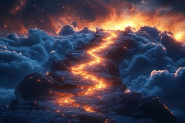 winding path of glowing orange crystal shards leading to majestic mountain peak surreal sunset sky with swirling clouds and distant galaxies symbolizing journey and aspiration