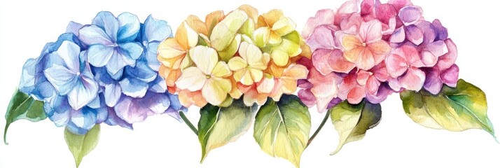 This vibrant watercolor painting features a bouquet of three hydrangea flowers, showcasing the beauty of nature with blue, yellow and pink hues.