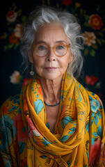 Poster - A woman in a floral print scarf and glasses. She is smiling and looking at the camera. The scarf is yellow and has a floral pattern