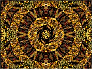 A mesmerizing kaleidoscopic pattern with vivid yellow and black  elements is highlighted in this image. The intricate radial symmetry and colors create a hypnotic visual effect.(Gen, A.I.)