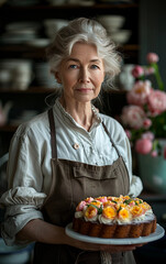 Poster - A woman in a chef's apron holding a cake. She is smiling and looking at the camera