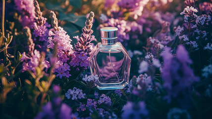 Wall Mural - Perfume bottle in flowers, fragrance on blooming background, floral scent and cosmetic product idea