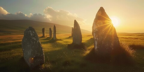 Ancient stones standing majestically in a sunlit landscape, evoking mystery and wonder at sunset.