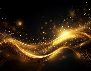 Poster - Glowing Abstract Light A Shimmering Wave of Golden Shine over a Black Background, Sparkling with Yellow and Gold Glitter Particles. A Magical Illustration of Flowing Curves and Bokeh Lights, Creating