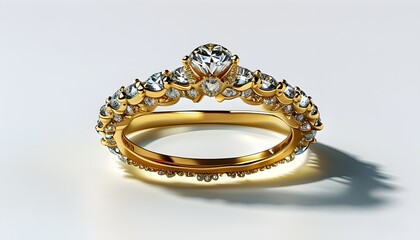 The exquisite gold ring is inlaid with shining gems. The design is unique and full of luxury.