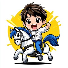 Cute cartoon illustration of a boy riding a carousel horse, colorful line drawing, children's style, simple attire, clean pure white background, hand-drawn material, easy to cut out, 1:1 aspect