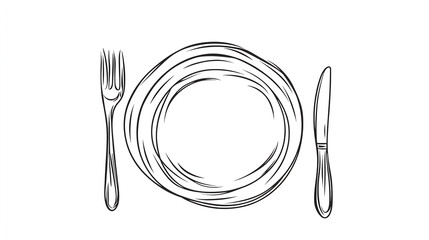 Black and-white line drawing of a plate, fork, and knife vector illustration on a solid background