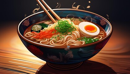 meal bowl ramen food asian noodle chopstick soup vegetable japanese. Generative AI.