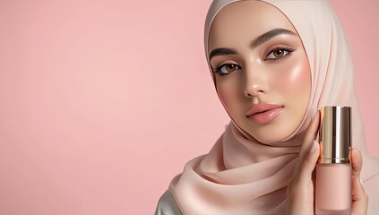 Woman in hijab holds pink beauty product.