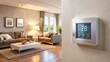 © Man888 - A modern thermostat on a wall, displaying temperature and mode settings, with a blurred background of a tidy living room with warm lighting.