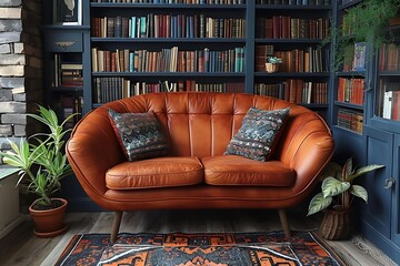 A leather couch positioned in front of a well-stocked bookshelf.