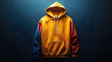 A complete view of a hoodie in a vibrant color or pattern, capturing its soft fabric and relaxed fit, isolated on a dark background for a clear and stylish presentation