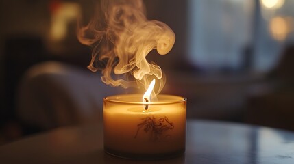 A single burning candle with smoke rising from the flame