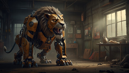 Wall Mural - illustration of a robotic lion monster made of iron