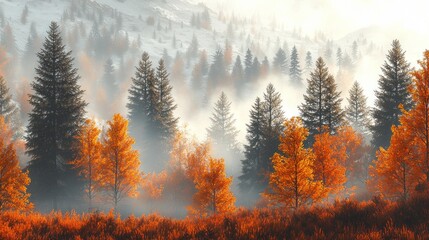 Poster - Golden leaves glow in the soft light of dawn, surrounded by a mystical fog enveloping tall, lush evergreens
