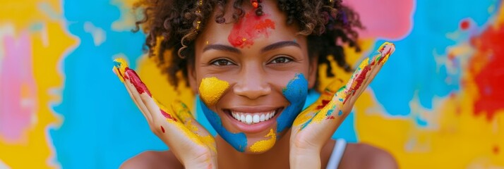 Young woman with colorful paint splatters on her face and hands