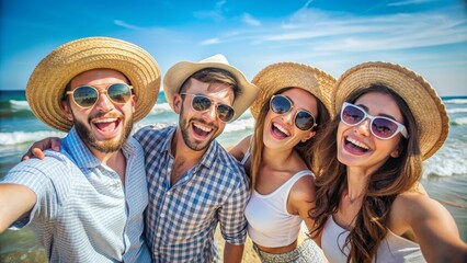 Carefree friends wearing trendy straw hats and sunglasses pose for a joyful selfie on a bright summer day near the ocean's soothing waves.